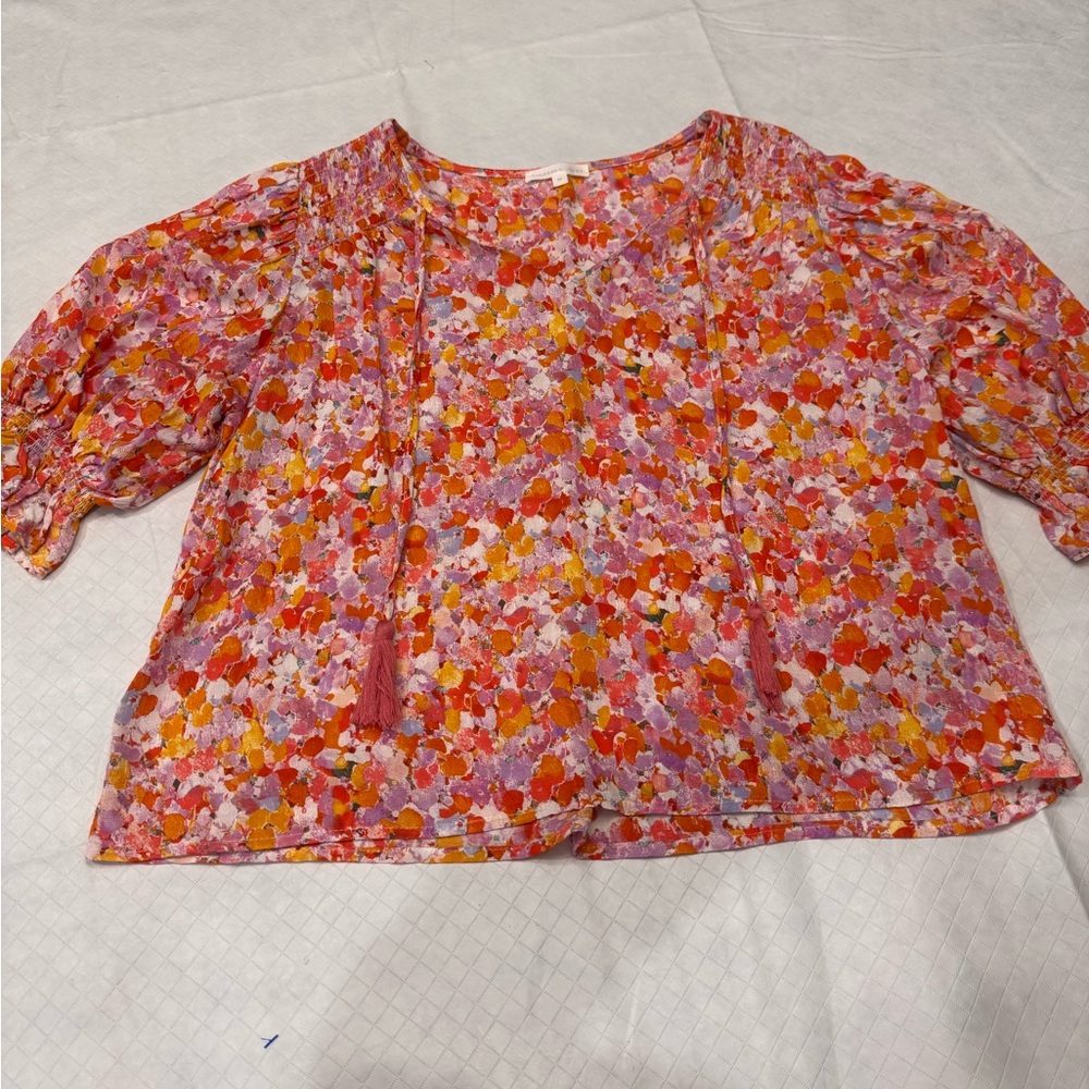 Emerson Rose women's Floral Tie-Front Peasant Blouse - Pink Orange Multi